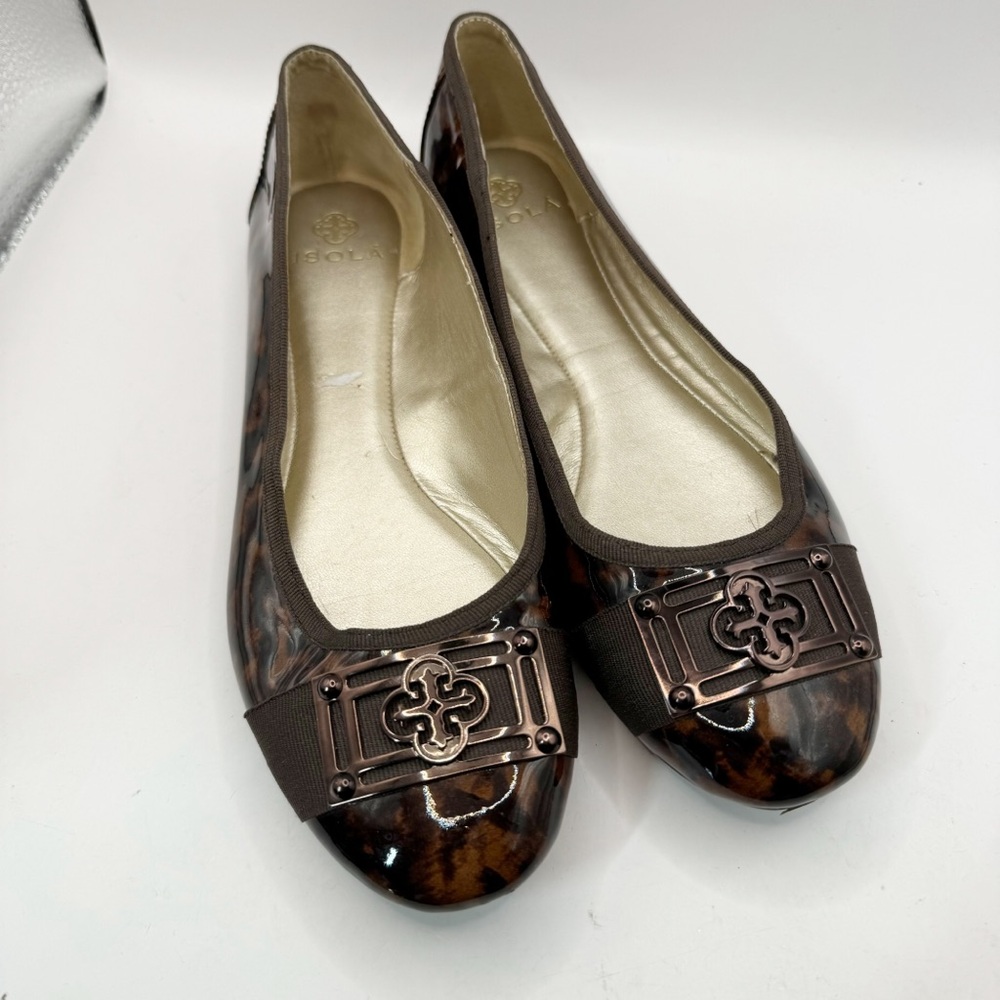 Isola patent leather ballet flats shoes leopard print brown black 8.5